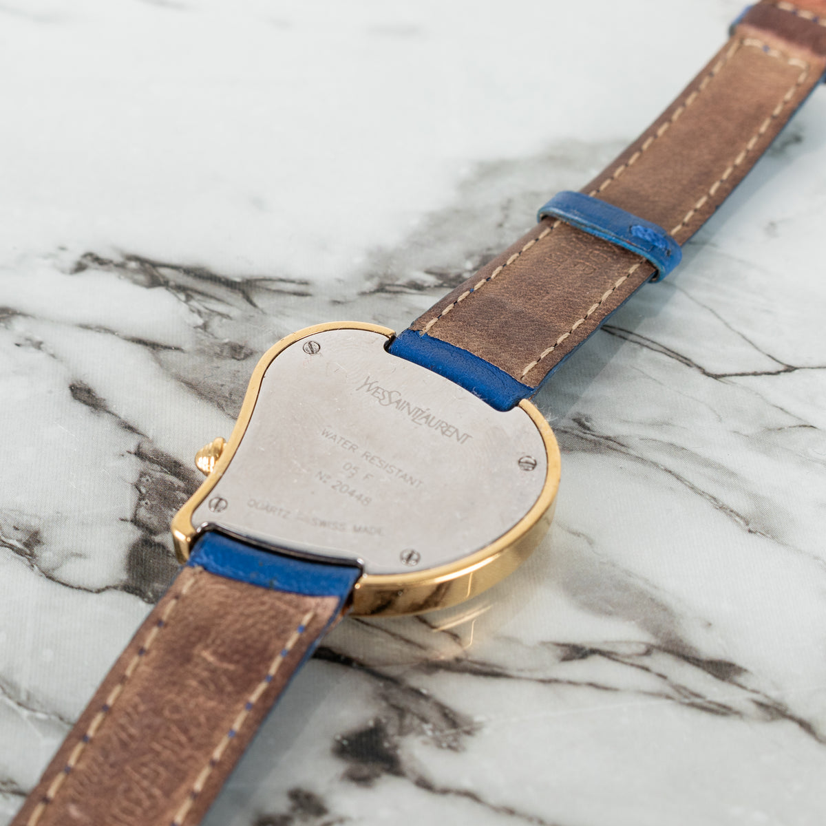 Yves Saint Laurent Blue Leather Strap Gold Hardware Heart Shape Watch