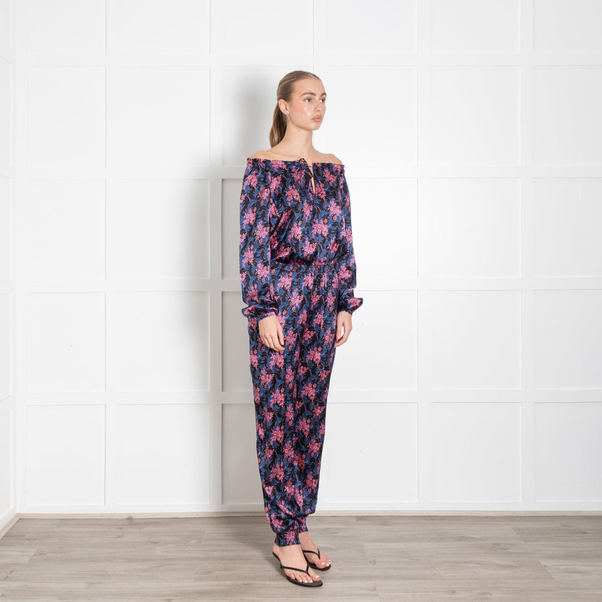 Ridley Blue Pink Black Floral Elasticated Waist Jumpsuit