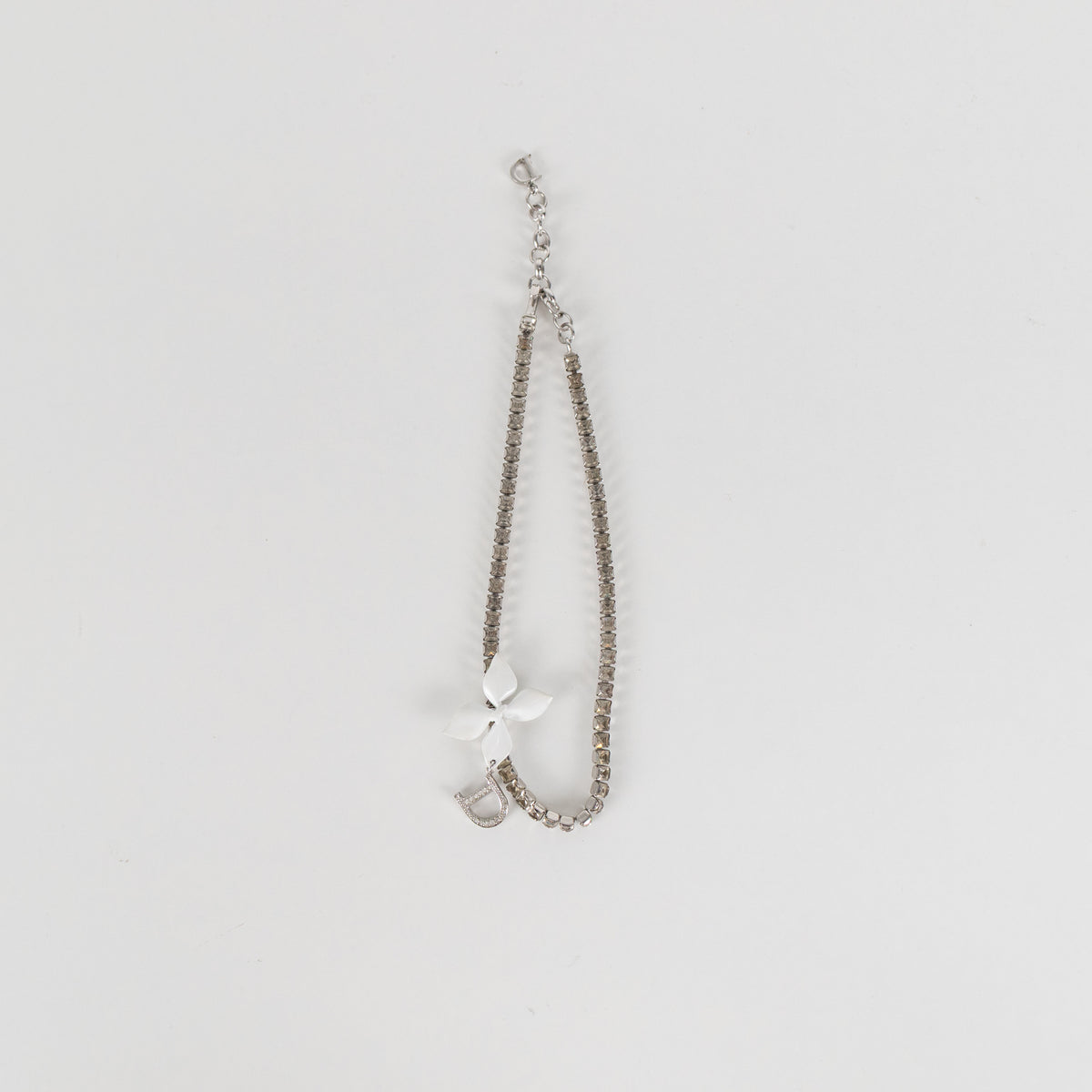 Christian Dior Silver Diamante Logo Charm Flower Choker