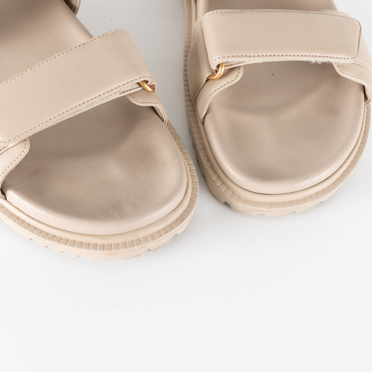 Dior Taupe Leather Velcro Sandals with Gold Toned Logo