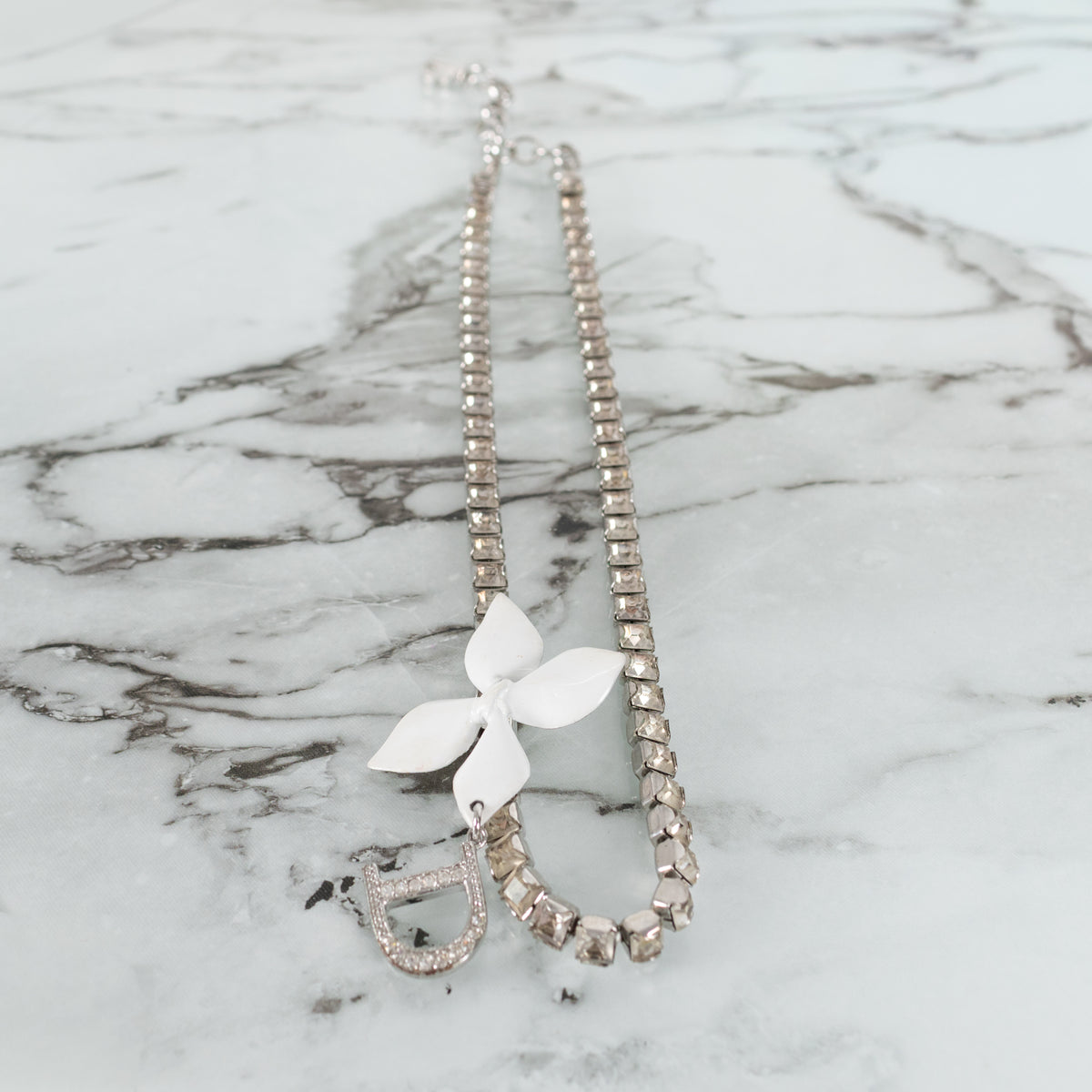 Christian Dior Silver Diamante Logo Charm Flower Choker