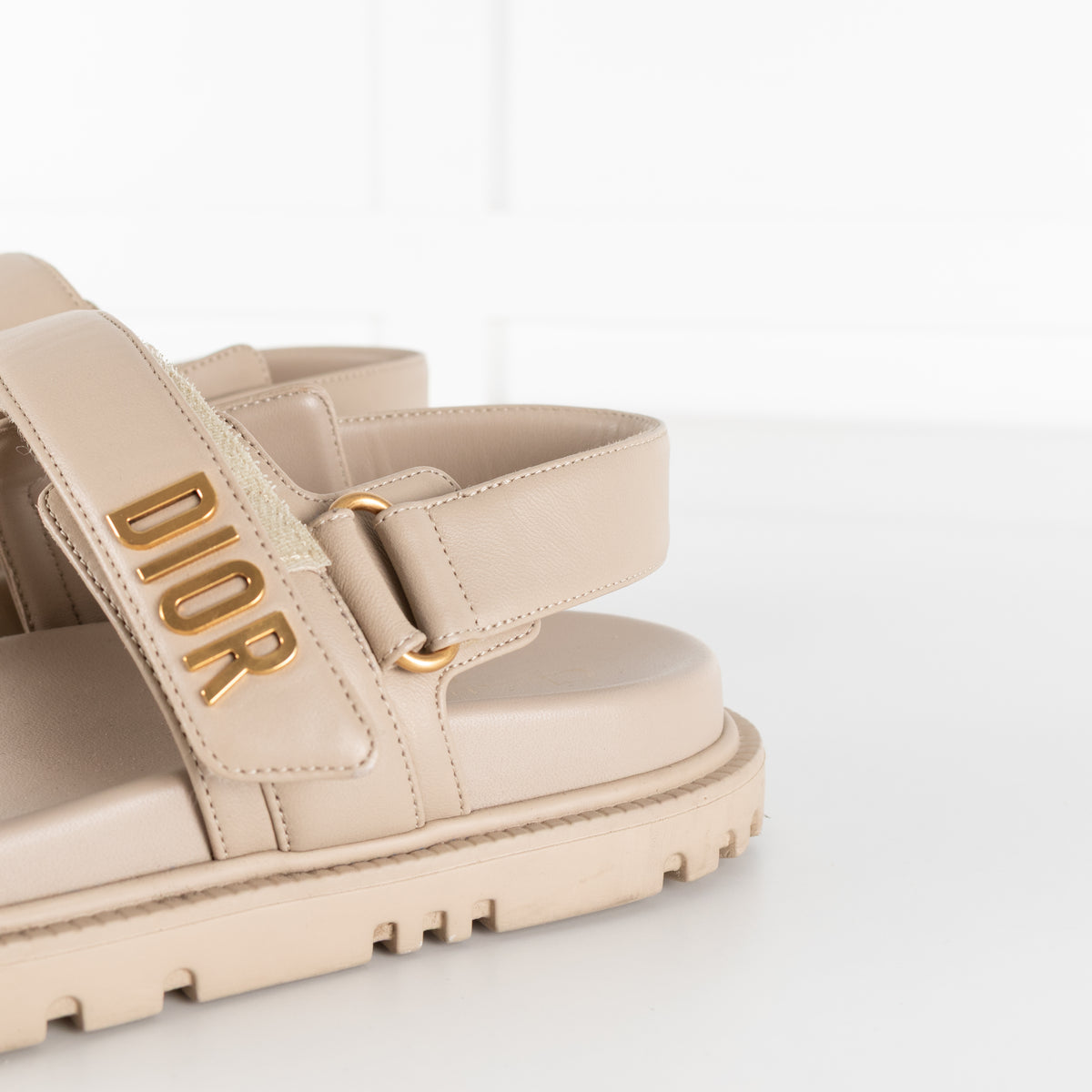 Dior Taupe Leather Velcro Sandals with Gold Toned Logo