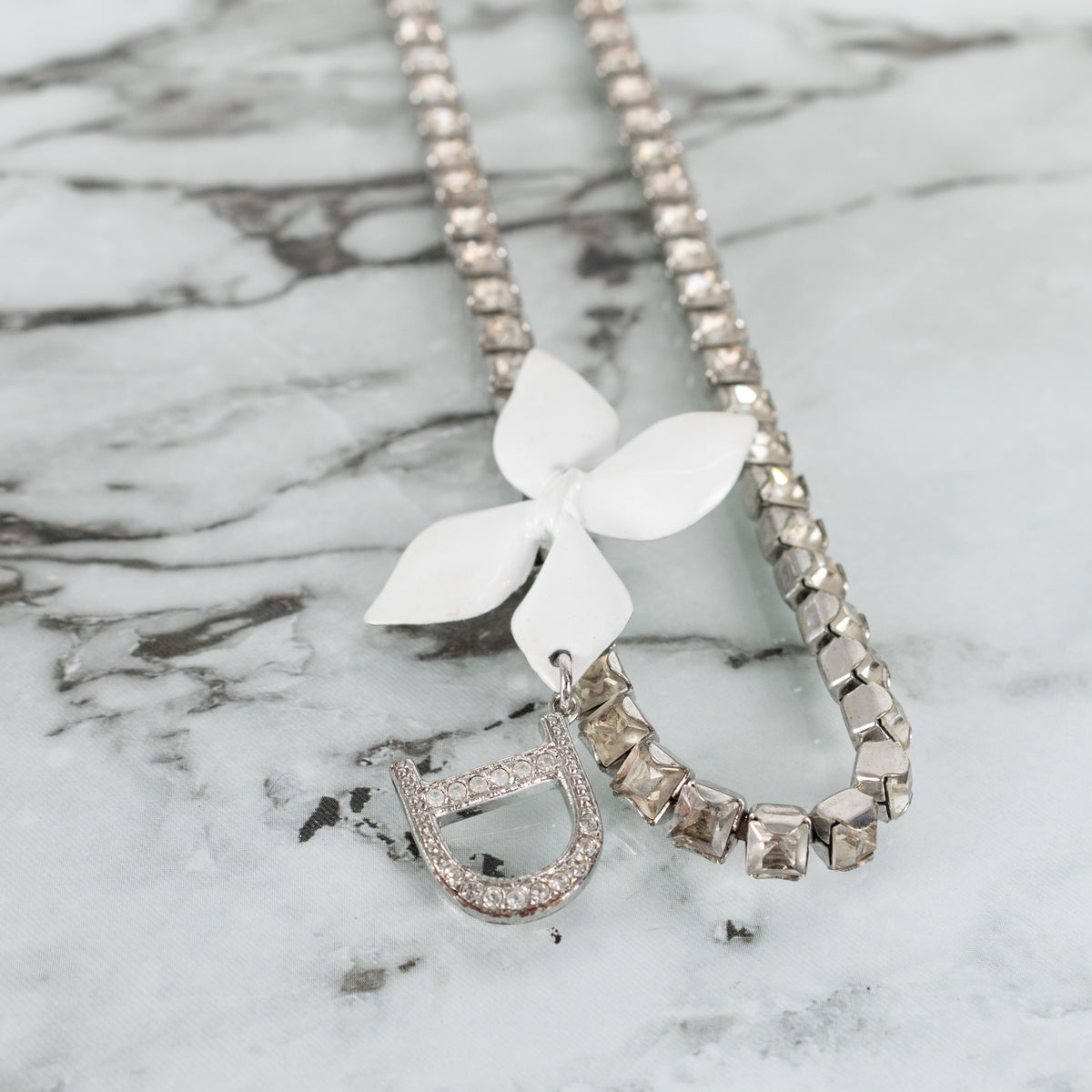 Christian Dior Silver Diamante Logo Charm Flower Choker
