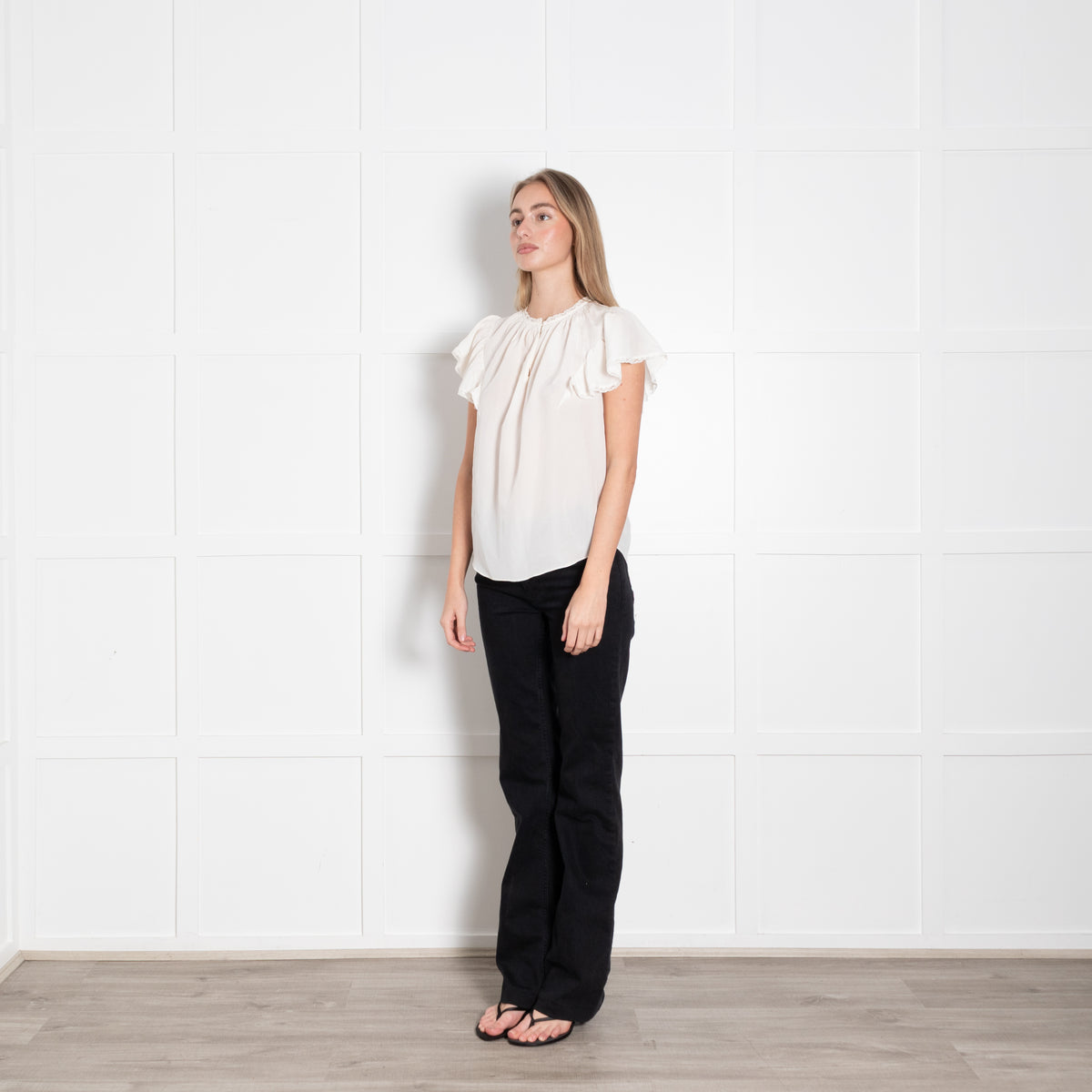 Rebecca Taylor Cream Silk Lace Trim Cap Sleeve Top