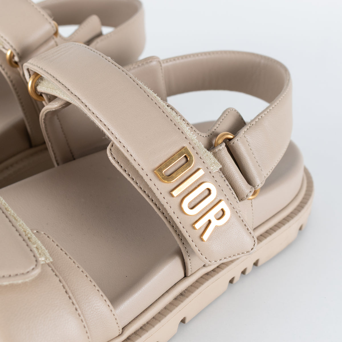 Dior Taupe Leather Velcro Sandals with Gold Toned Logo