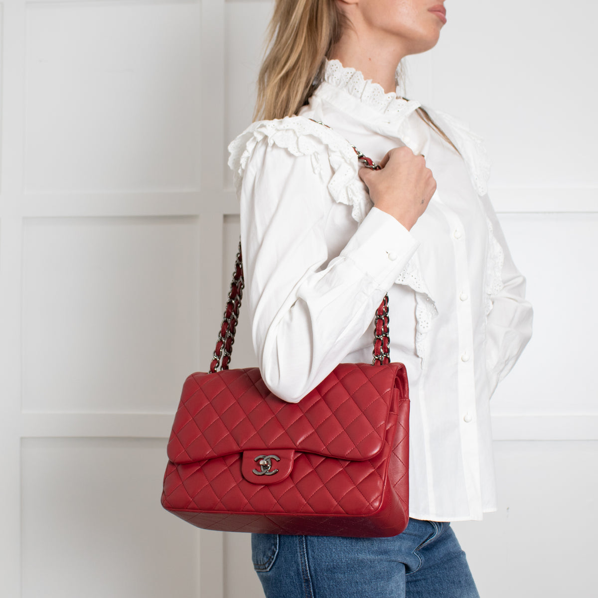 Chanel Red Jumbo Lambskin Flap Bag