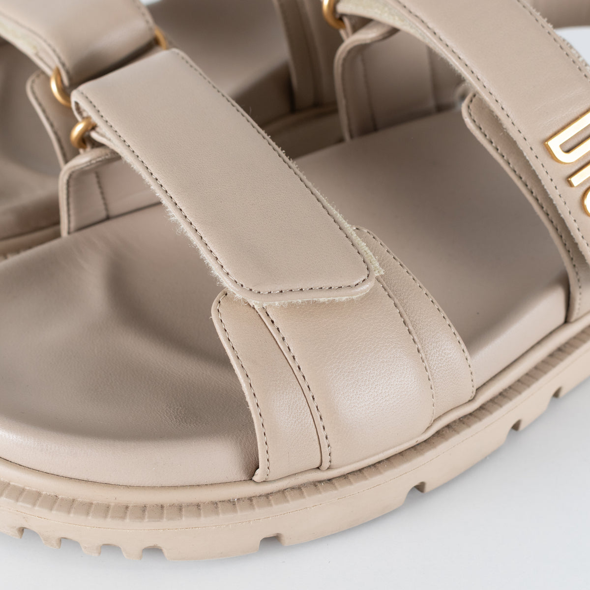 Dior Taupe Leather Velcro Sandals with Gold Toned Logo