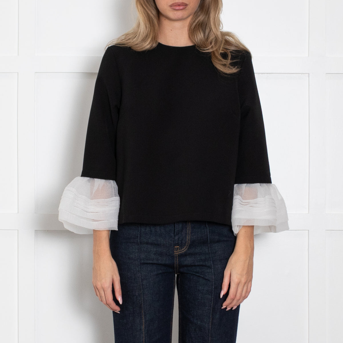 Anja Rock Black White Bell Sleeve Detail Top
