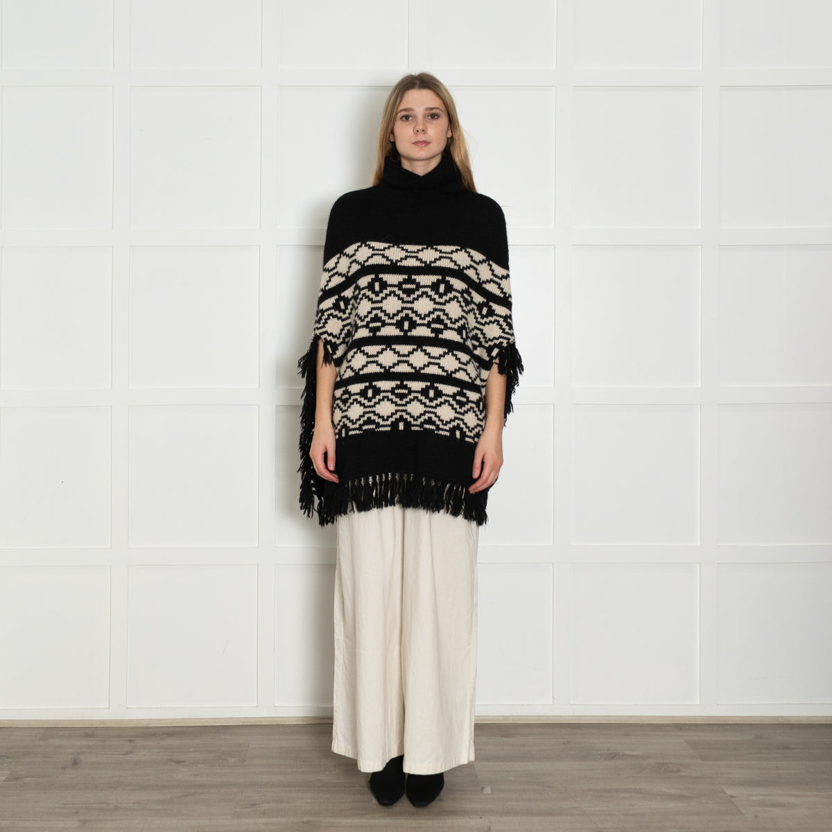 Maje Black and White Knit Poncho