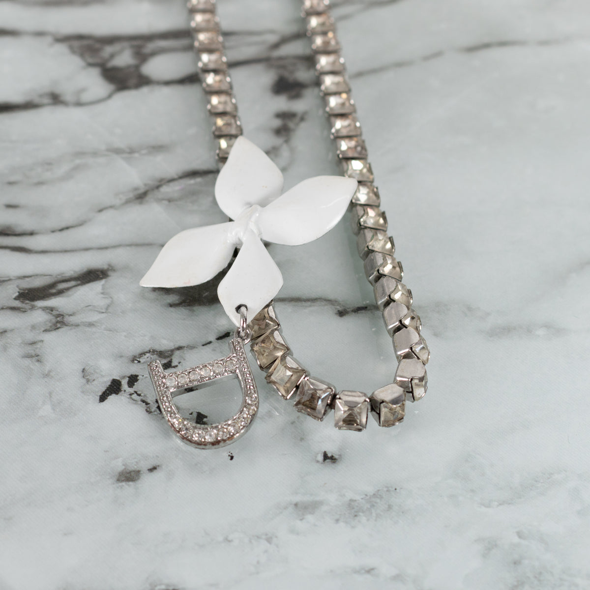 Christian Dior Silver Diamante Logo Charm Flower Choker