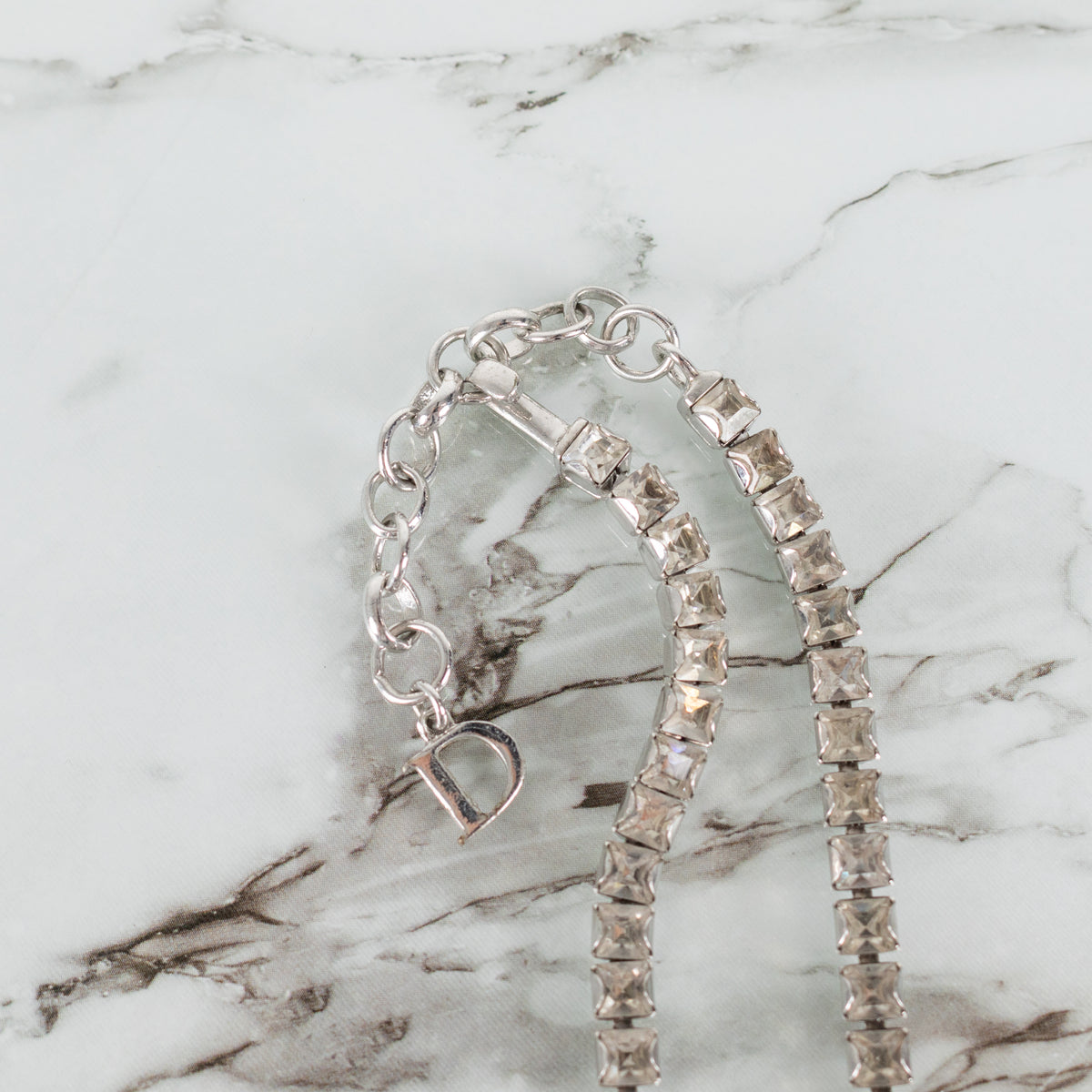 Christian Dior Silver Diamante Logo Charm Flower Choker