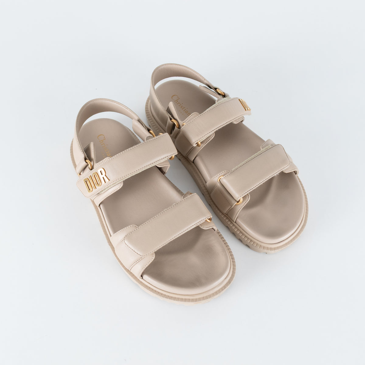Dior Taupe Leather Velcro Sandals with Gold Toned Logo