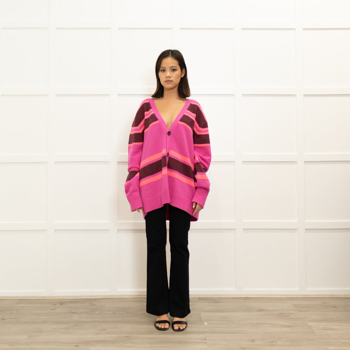 Acne Studios Bright Pink Coral Brown Wool Stripe Cardigan