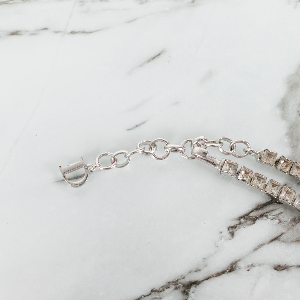 Christian Dior Silver Diamante Logo Charm Flower Choker
