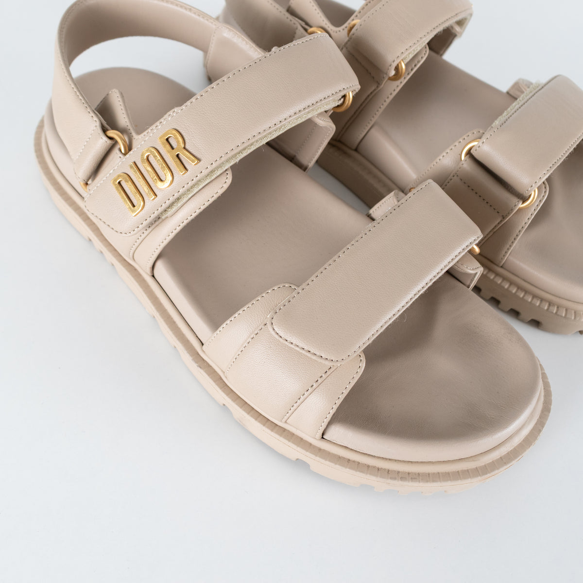 Dior Taupe Leather Velcro Sandals with Gold Toned Logo