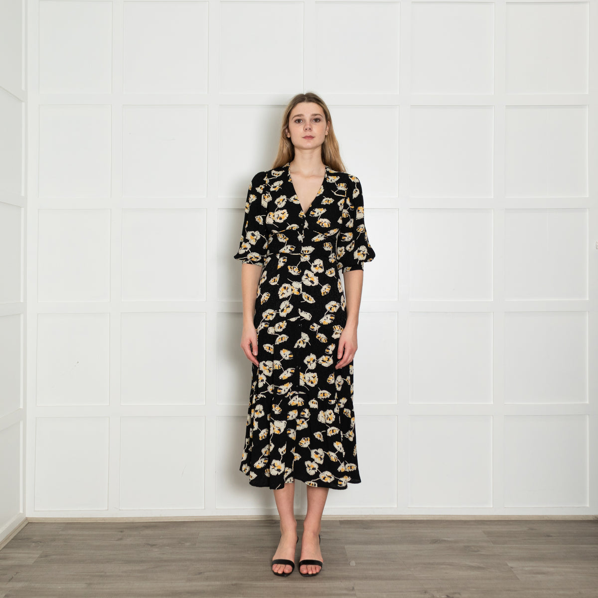 Ba&sh Black Cream Yellow Floral Button Up Front Dress