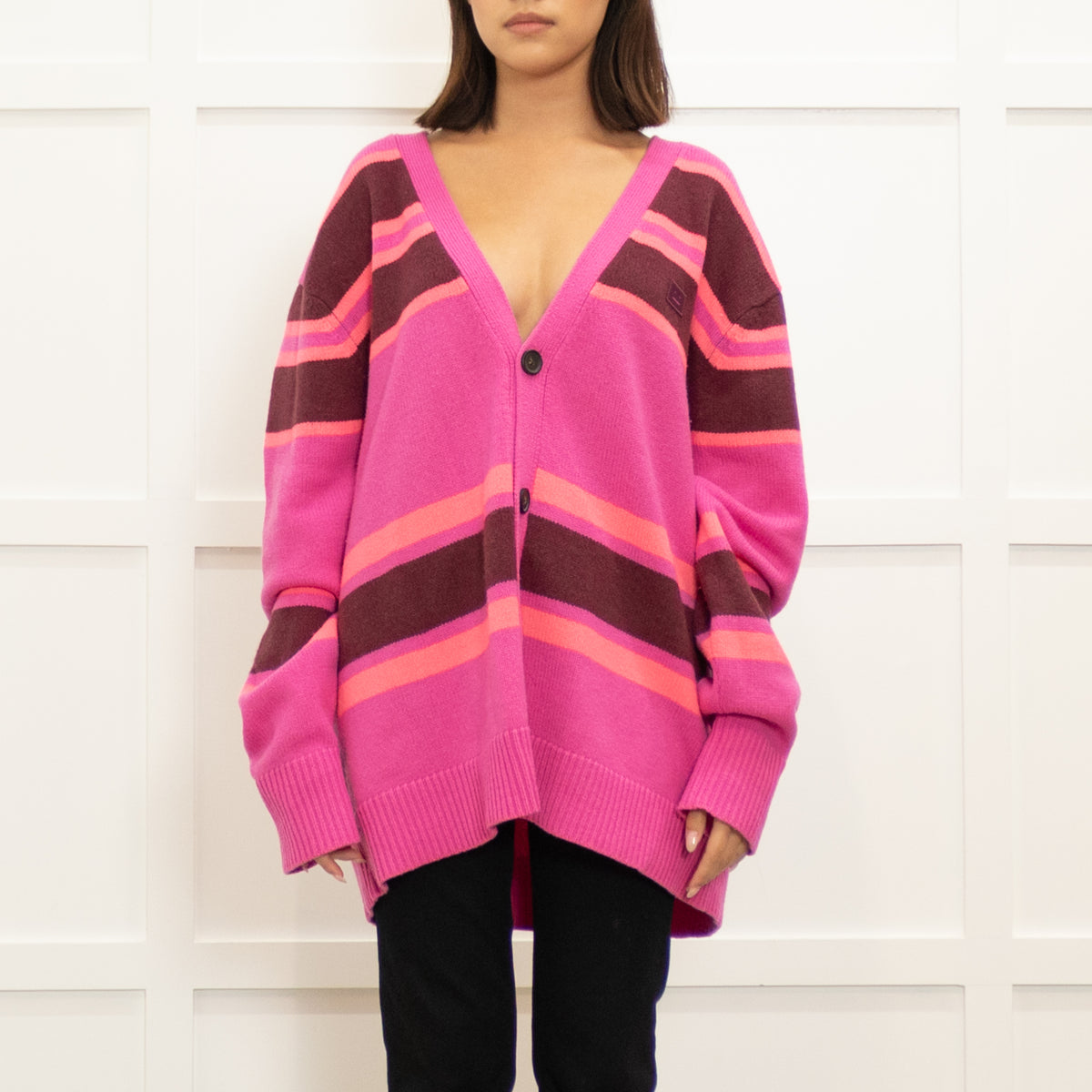 Acne Studios Bright Pink Coral Brown Wool Stripe Cardigan