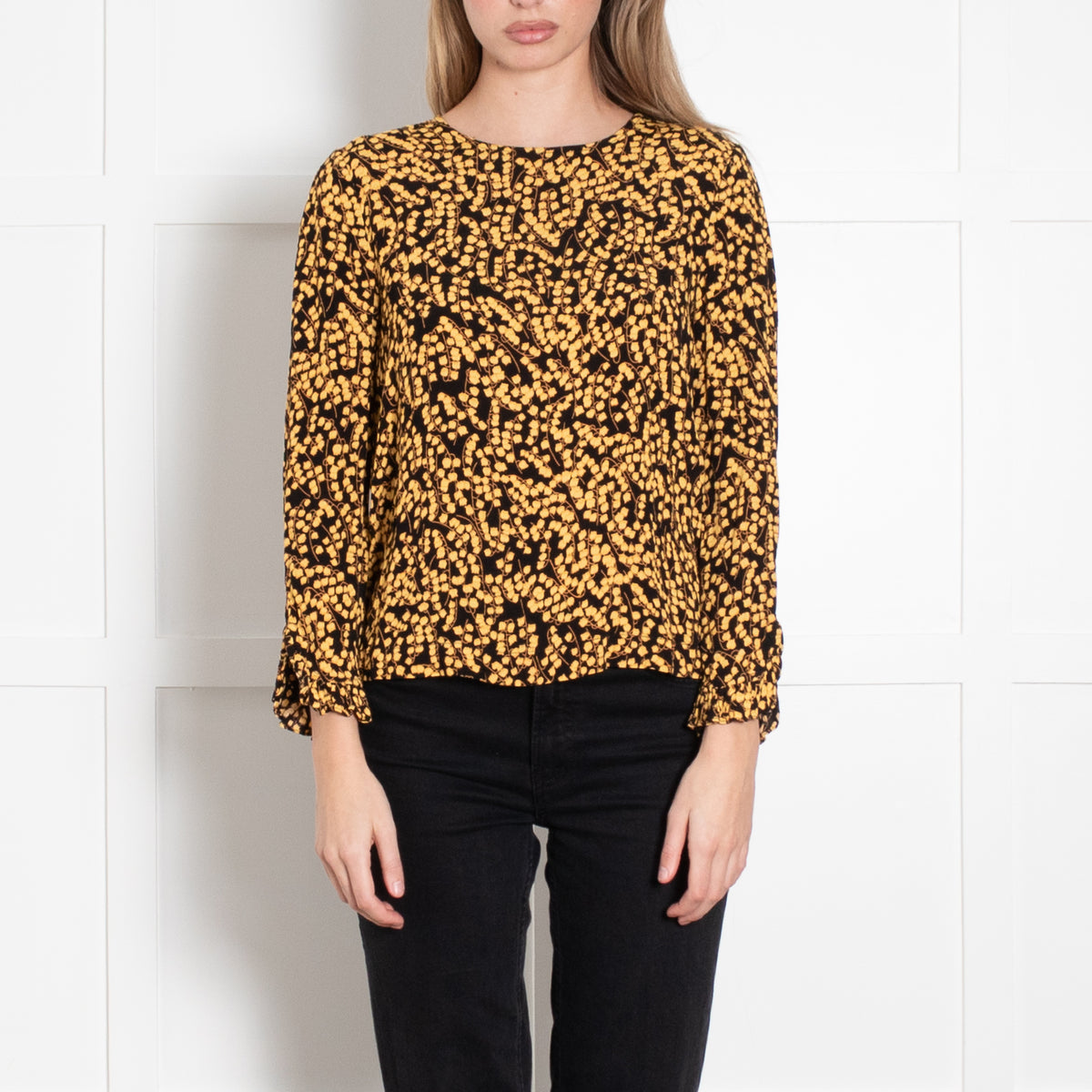 Ganni Black Yellow Flower Print Long Sleeved Top