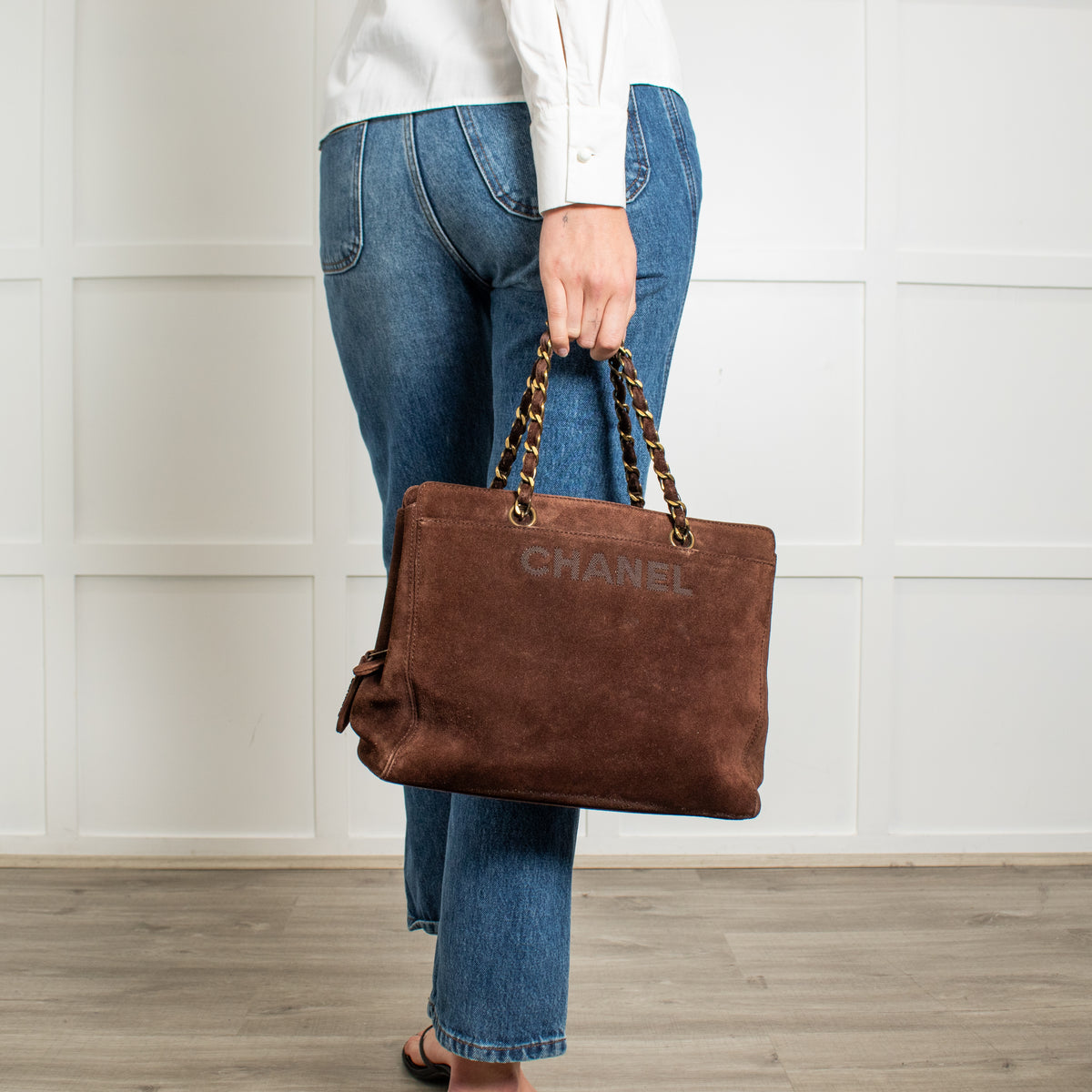 Chanel Brown Suede Chain Strap Logo Tote