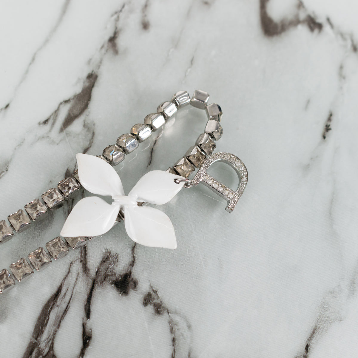 Christian Dior Silver Diamante Logo Charm Flower Choker