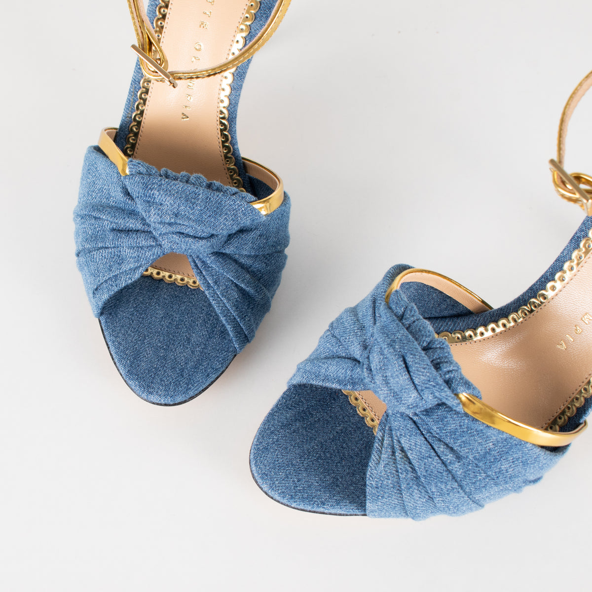 Charlotte Olympia Blue Denim Gold Heeled Sandals