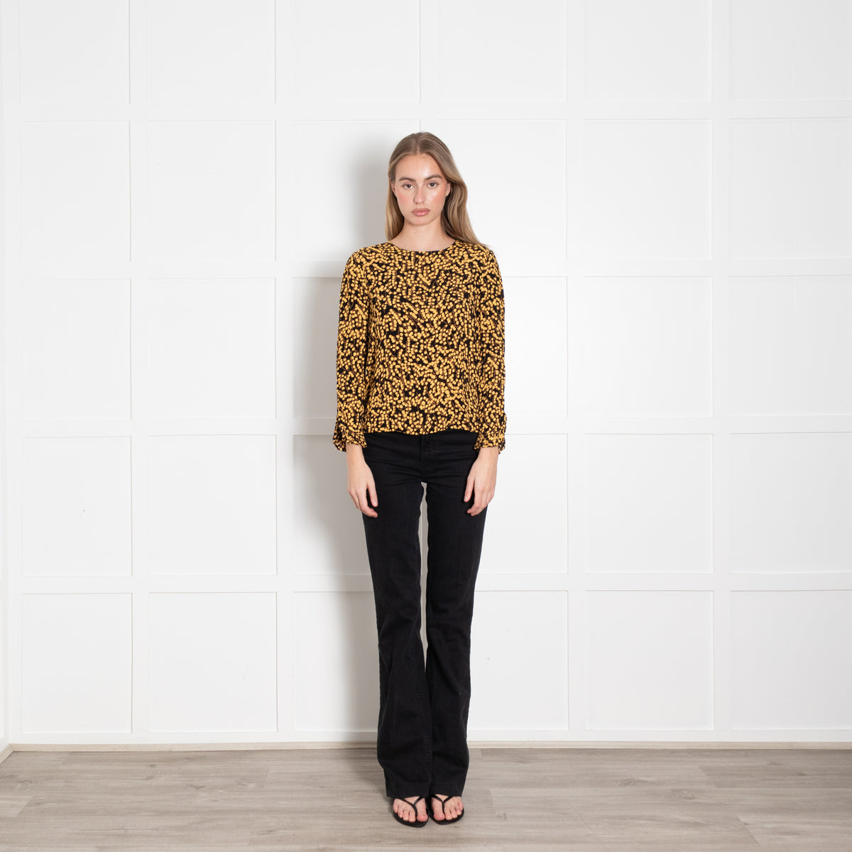 Ganni Black Yellow Flower Print Long Sleeved Top