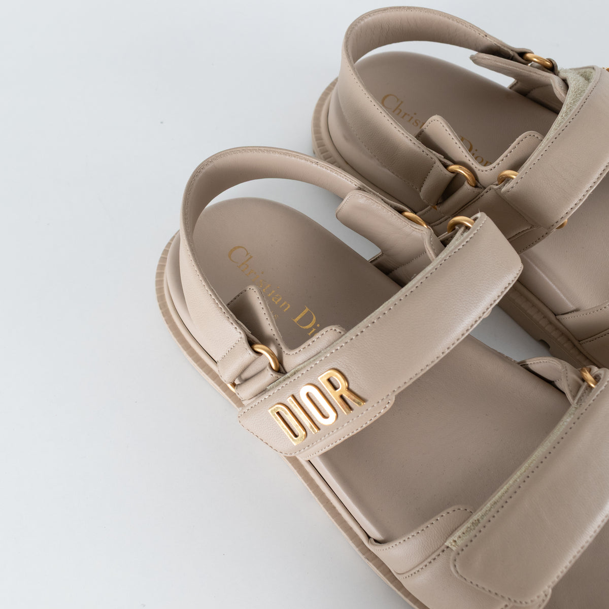 Dior Taupe Leather Velcro Sandals with Gold Toned Logo