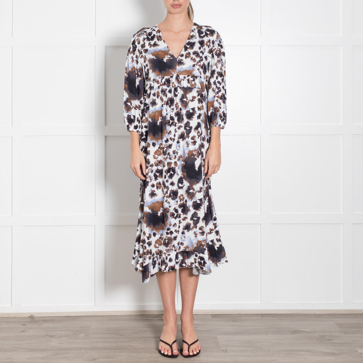 Dea Kudibal White Brown Lilac Frill Trim Dress