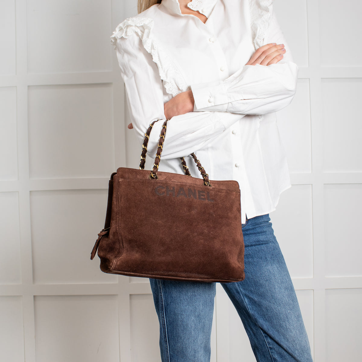 Chanel Brown Suede Chain Strap Logo Tote