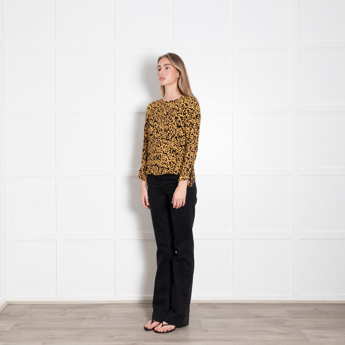 Ganni Black Yellow Flower Print Long Sleeved Top