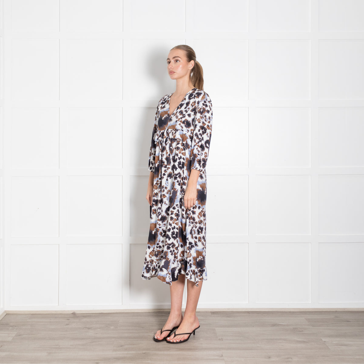 Dea Kudibal White Brown Lilac Frill Trim Dress