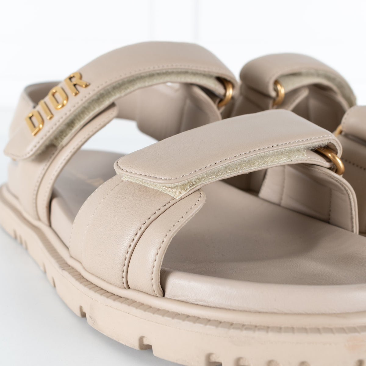 Dior Taupe Leather Velcro Sandals with Gold Toned Logo