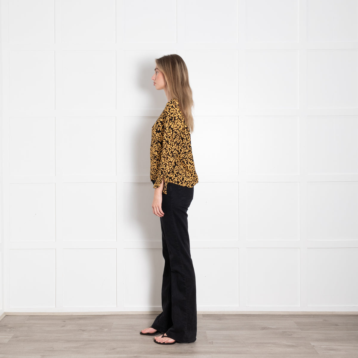 Ganni Black Yellow Flower Print Long Sleeved Top