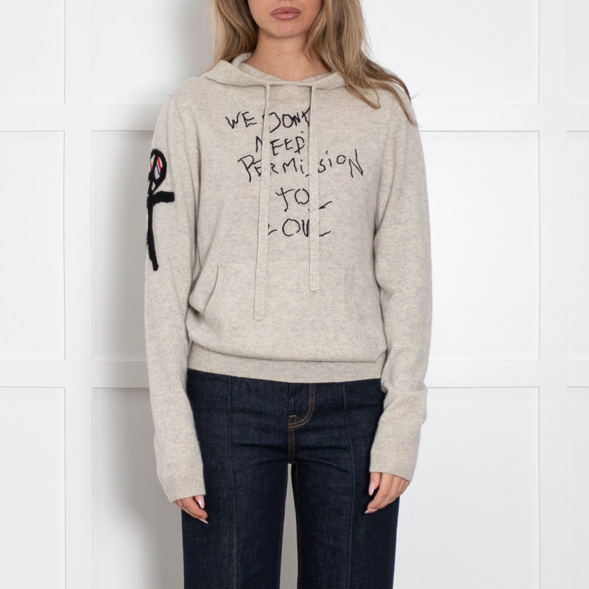 Zadig & Voltaire Pale Grey Cashmere Slogan Hooded Sweater