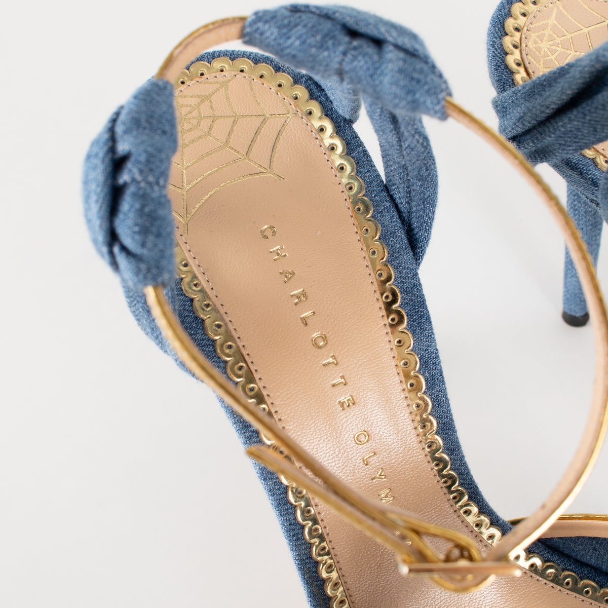 Charlotte Olympia Blue Denim Gold Heeled Sandals