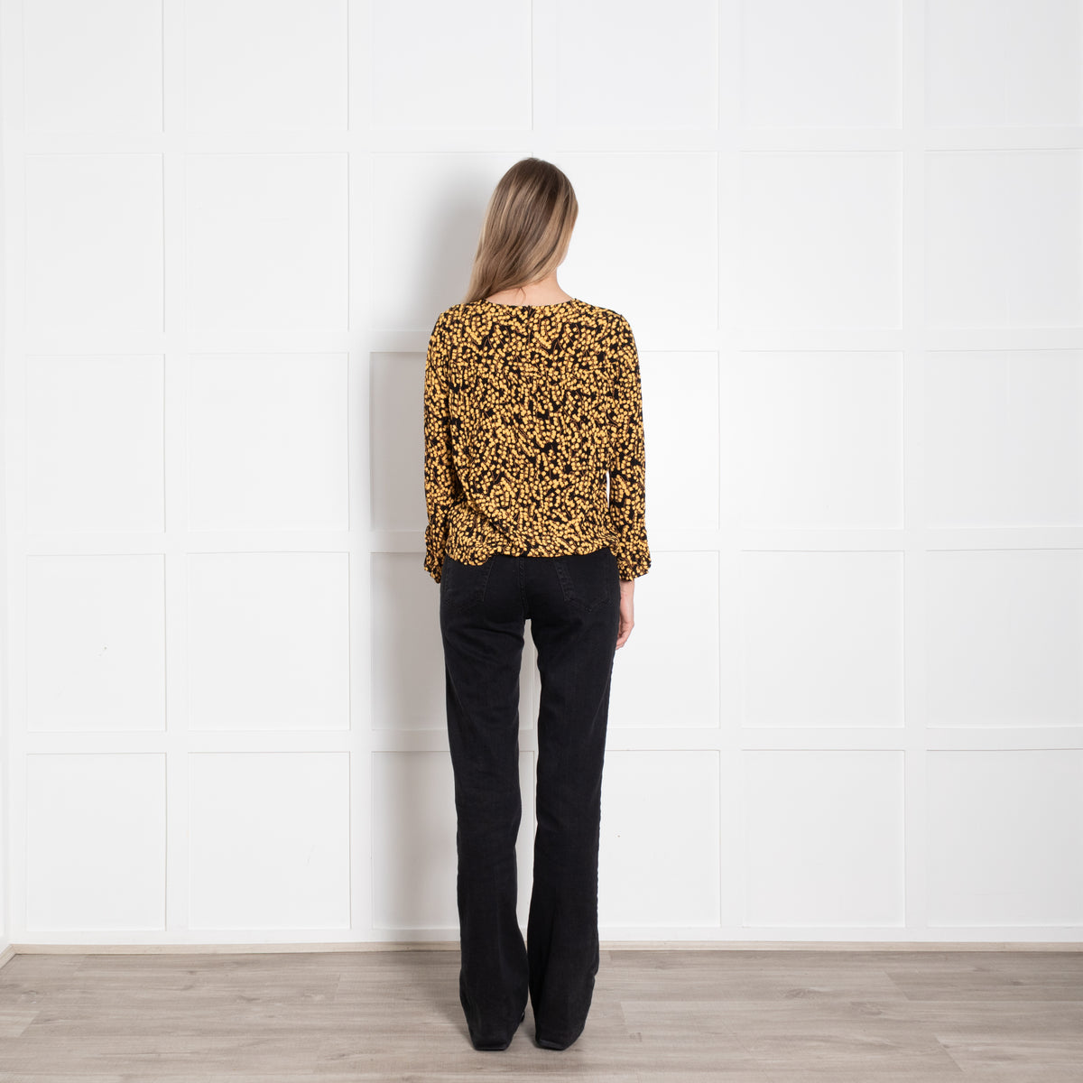 Ganni Black Yellow Flower Print Long Sleeved Top
