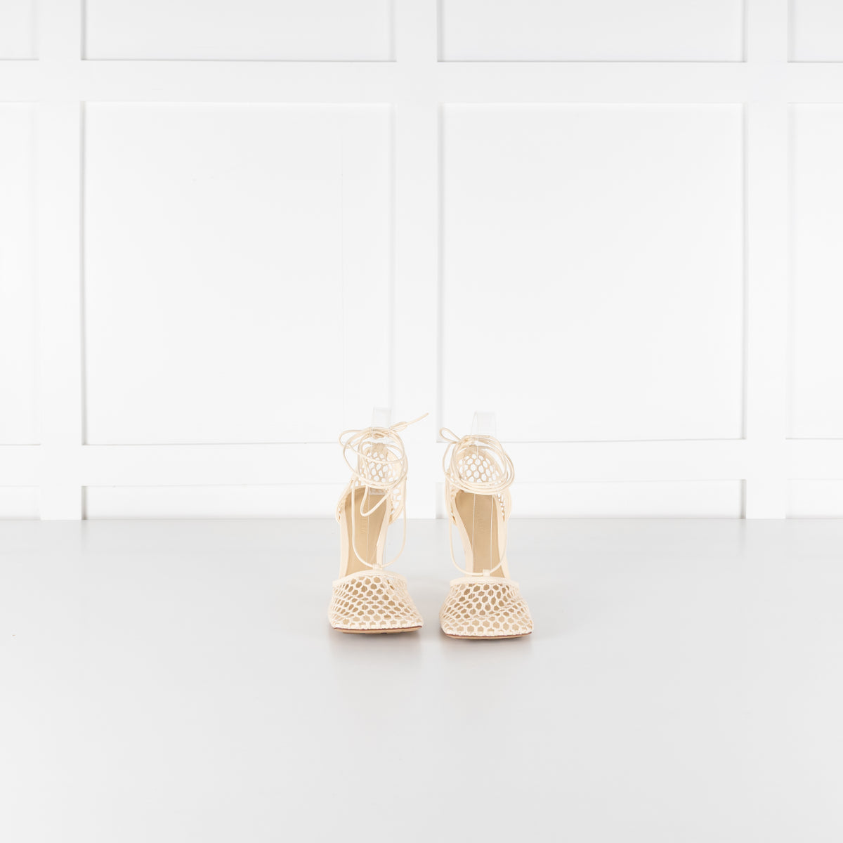 Bottega Veneta Cream Crochet Strappy Heels with Square Toe