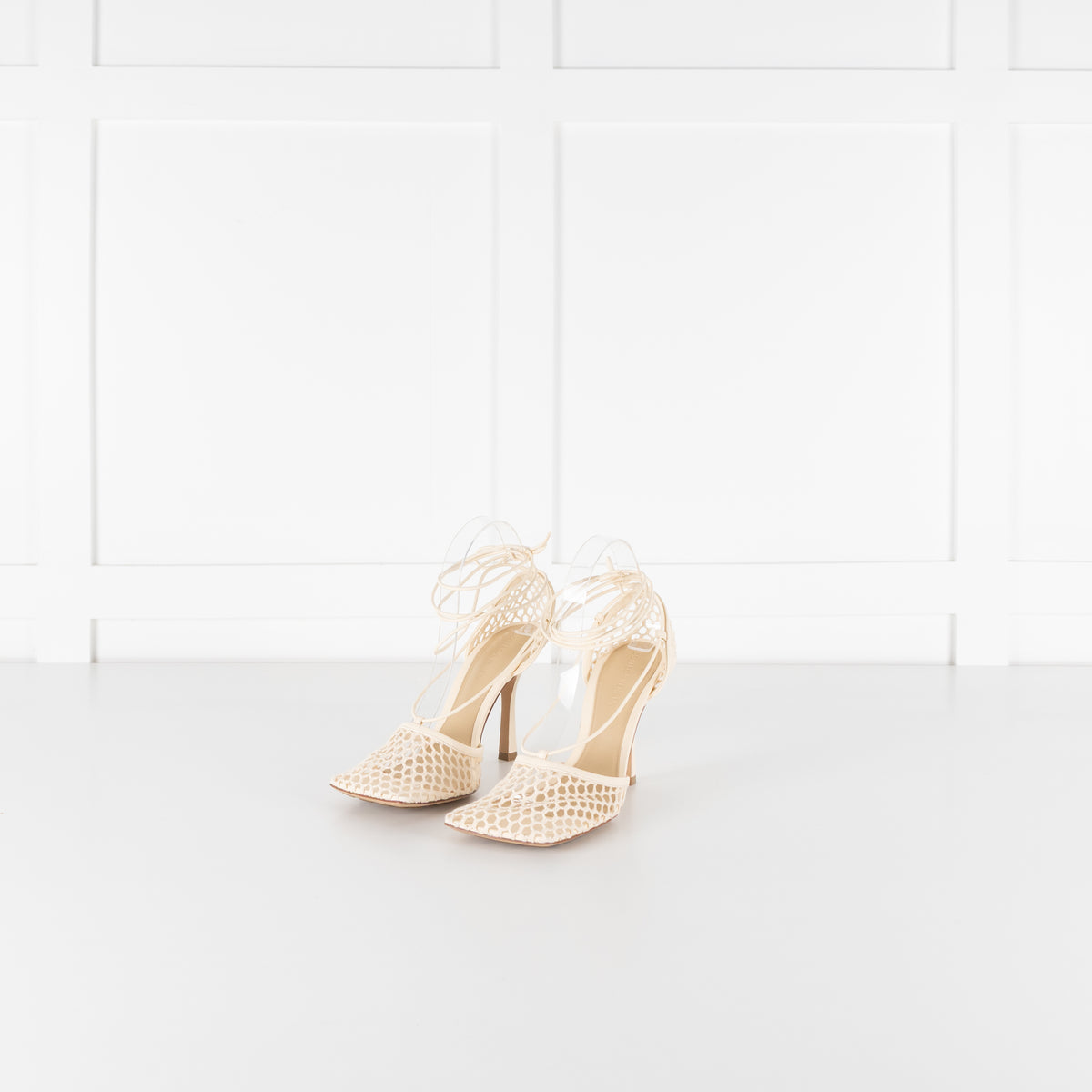 Bottega Veneta Cream Crochet Strappy Heels with Square Toe