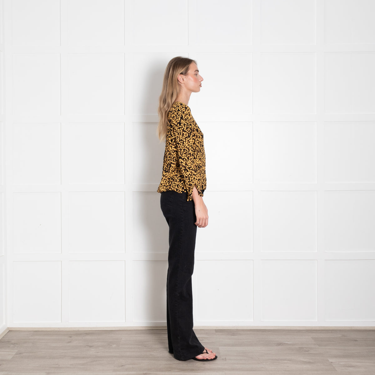 Ganni Black Yellow Flower Print Long Sleeved Top