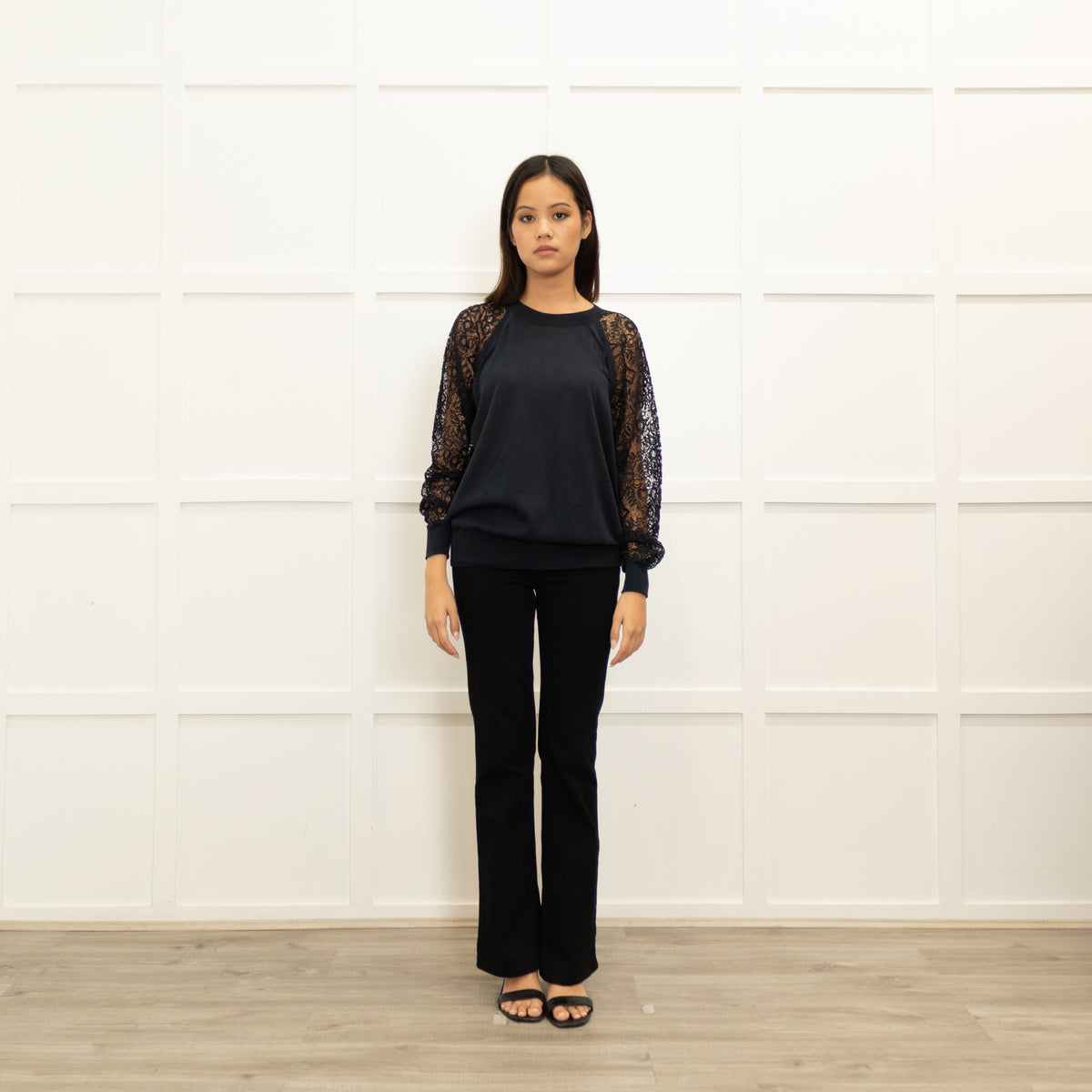 Chloe Navy Net Back Lace Sleeves Silk Blend Knitted Top