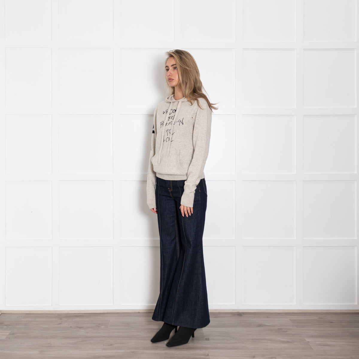 Zadig & Voltaire Pale Grey Cashmere Slogan Hooded Sweater