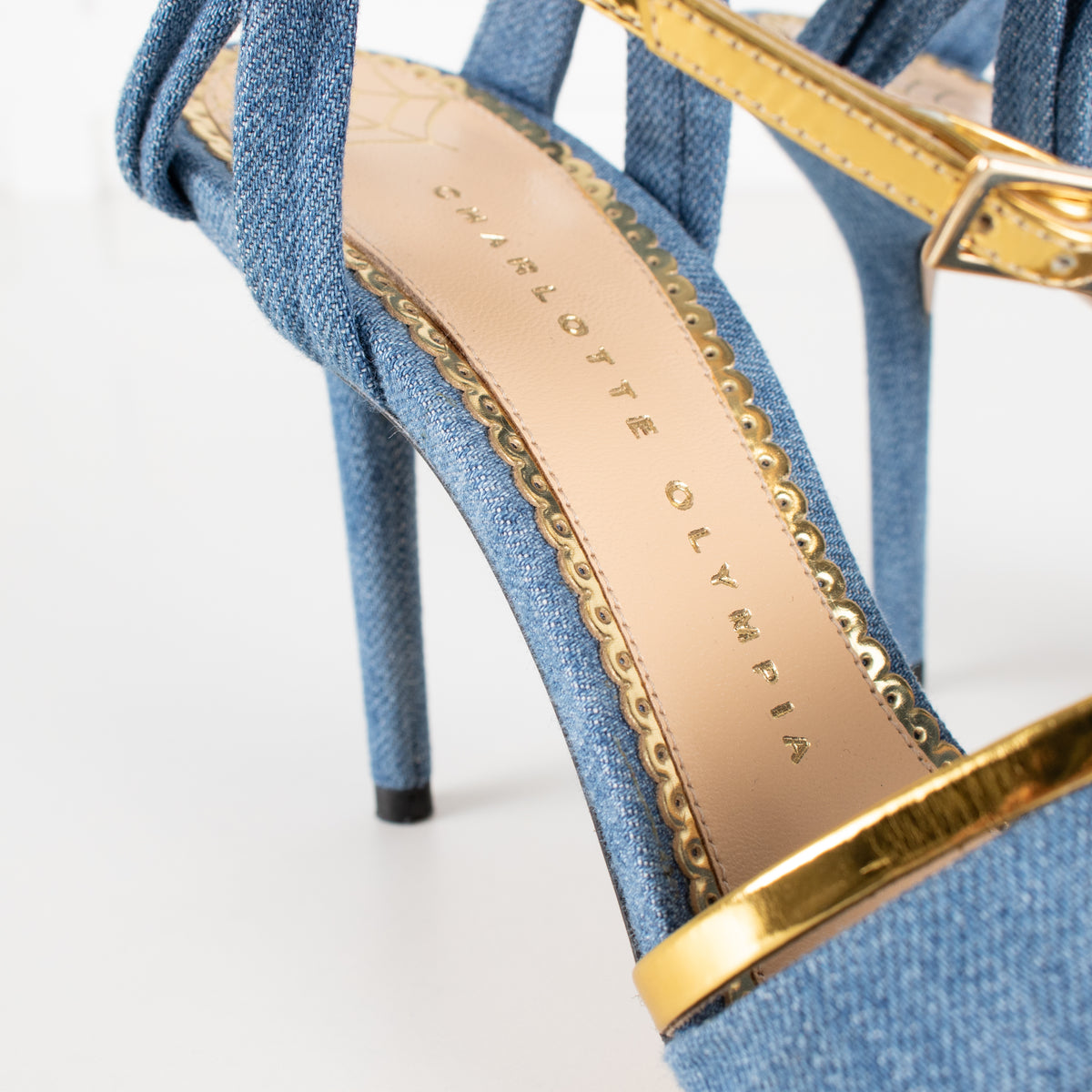 Charlotte Olympia Blue Denim Gold Heeled Sandals