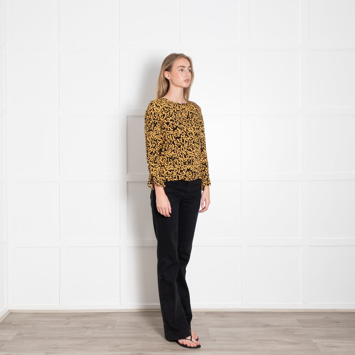 Ganni Black Yellow Flower Print Long Sleeved Top