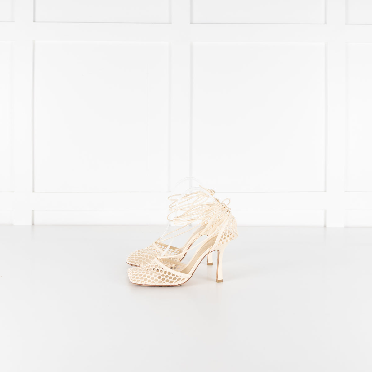Bottega Veneta Cream Crochet Strappy Heels with Square Toe