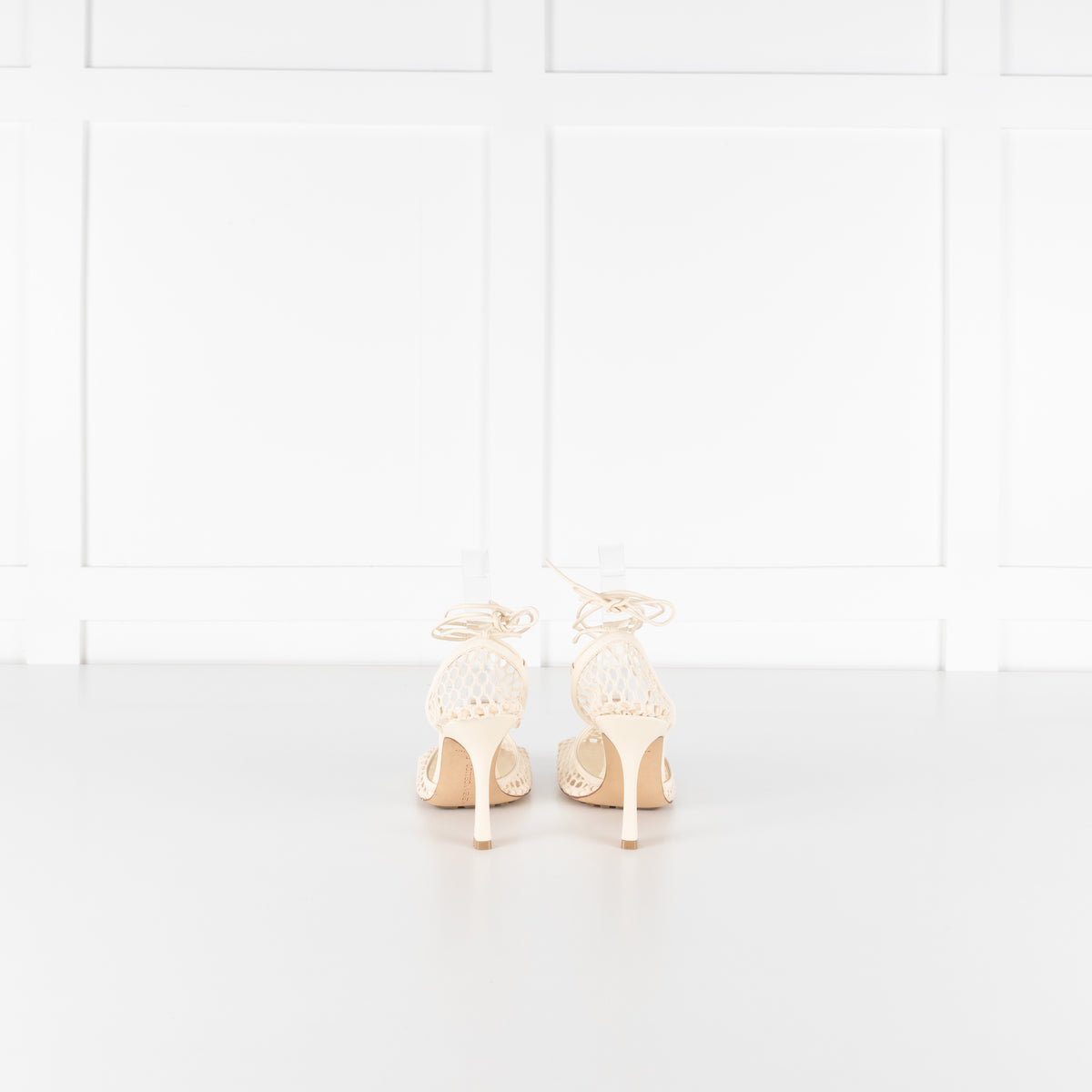 Bottega Veneta Cream Crochet Strappy Heels with Square Toe