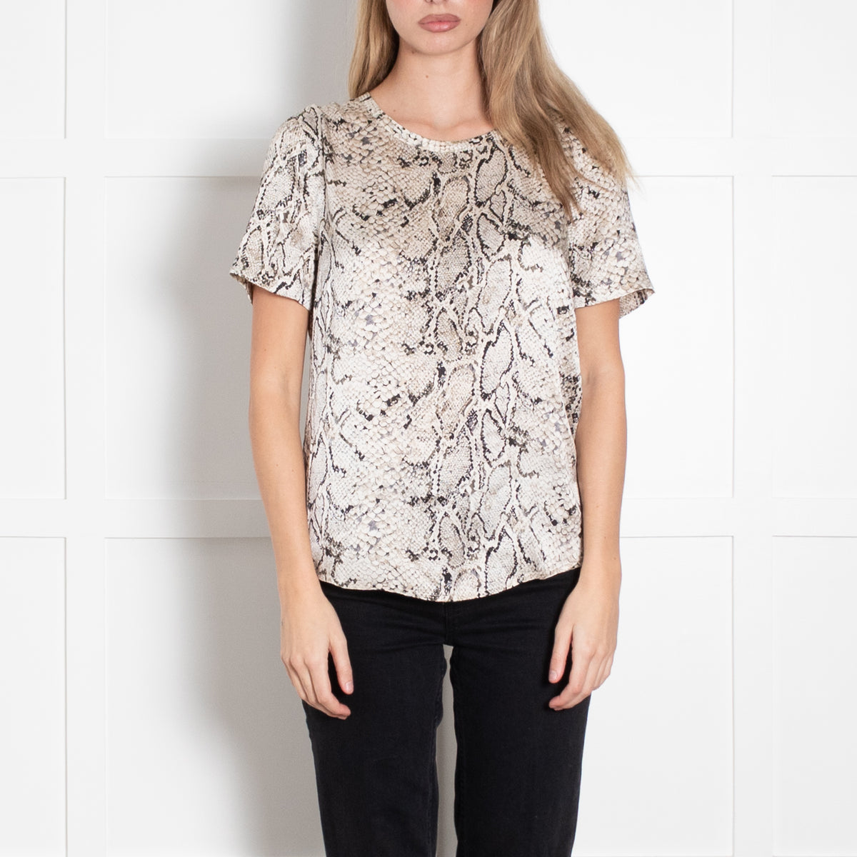 Equipment Cream Brown Silk Satin Snake Print Short Sleeve Top