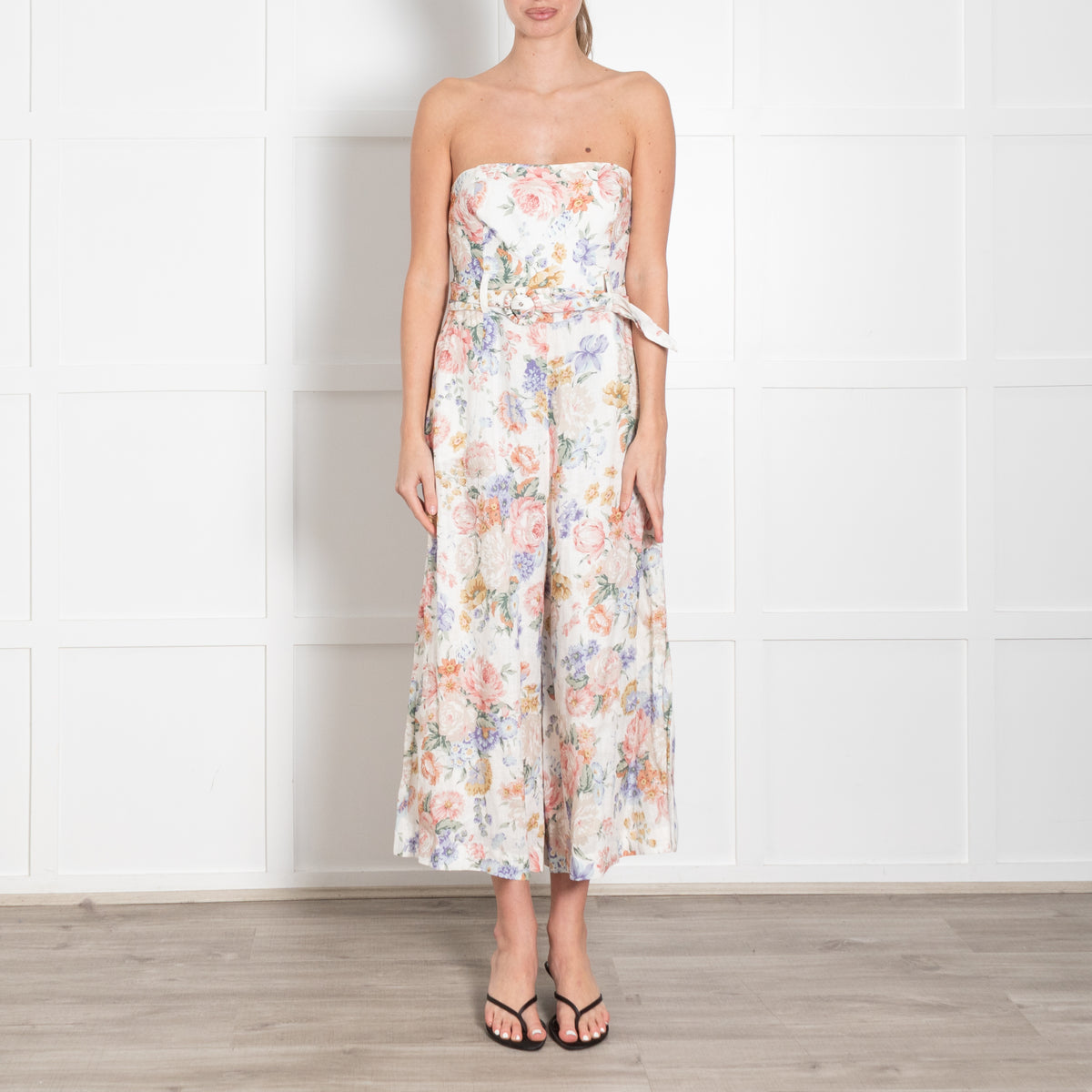 Zimmermann Cream Multi Colour Bowie Linen Strapless Jumpsuit