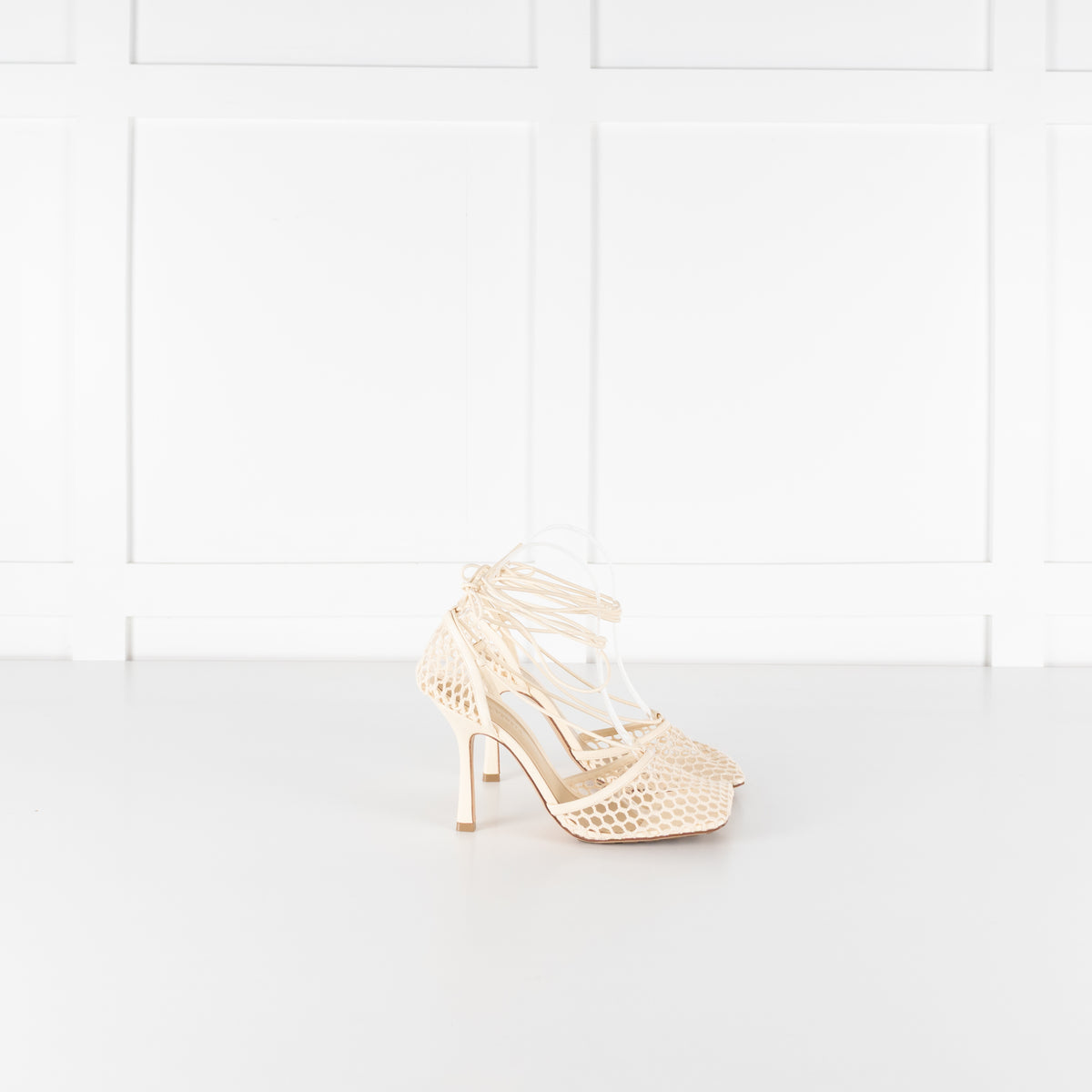 Bottega Veneta Cream Crochet Strappy Heels with Square Toe