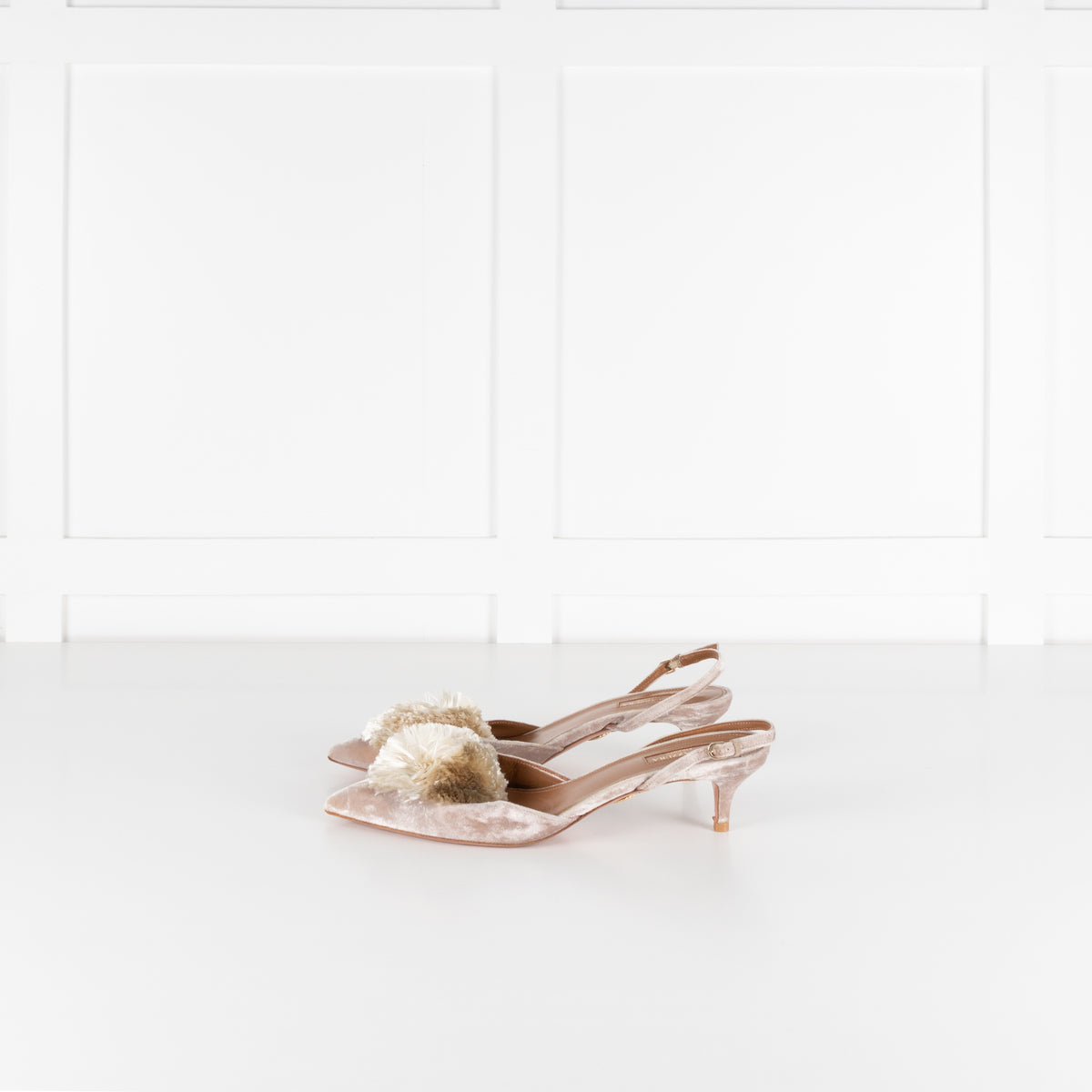 Aquazzura Beige Velvet Powder Puff Slingbacks