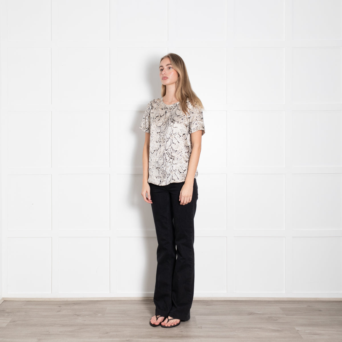 Equipment Cream Brown Silk Satin Snake Print Short Sleeve Top